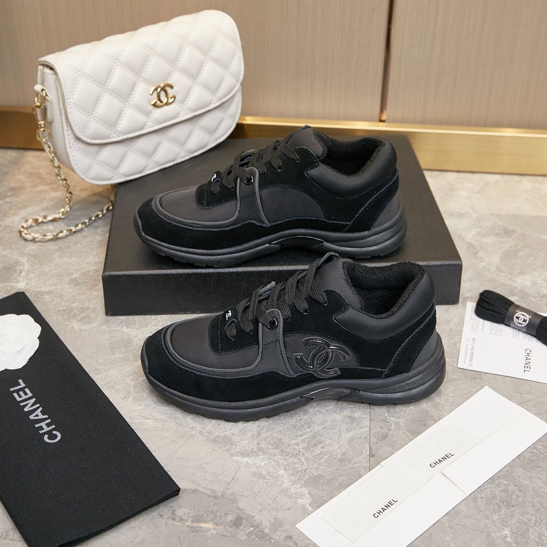 Chanel CC Logo Suede Leather Sneaker Black White Shoe