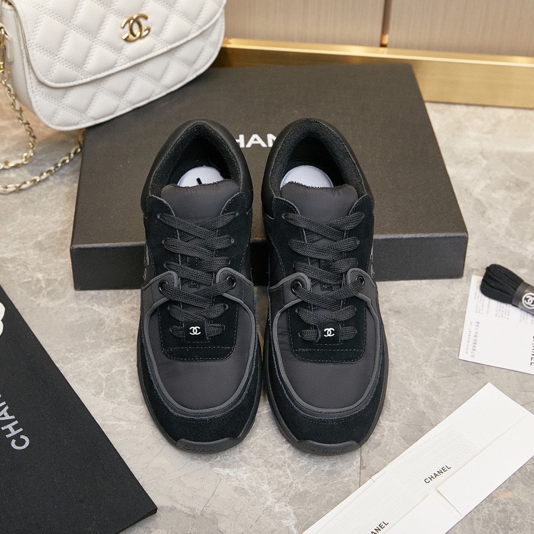 Chanel CC Logo Suede Leather Sneaker Black White Shoe